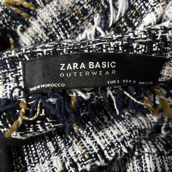 Zara Basic Fringe Tweed Coat Jacket Black White Metallic Thread Open Front Small - Picture 7 of 15